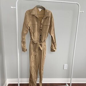 H&M Button-Front Tie-Waist Jumpsuit - Tan